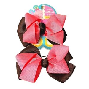 2 Hair Bows BROWN & PINK Set Little Girls EASY CLIP 4" Fancy